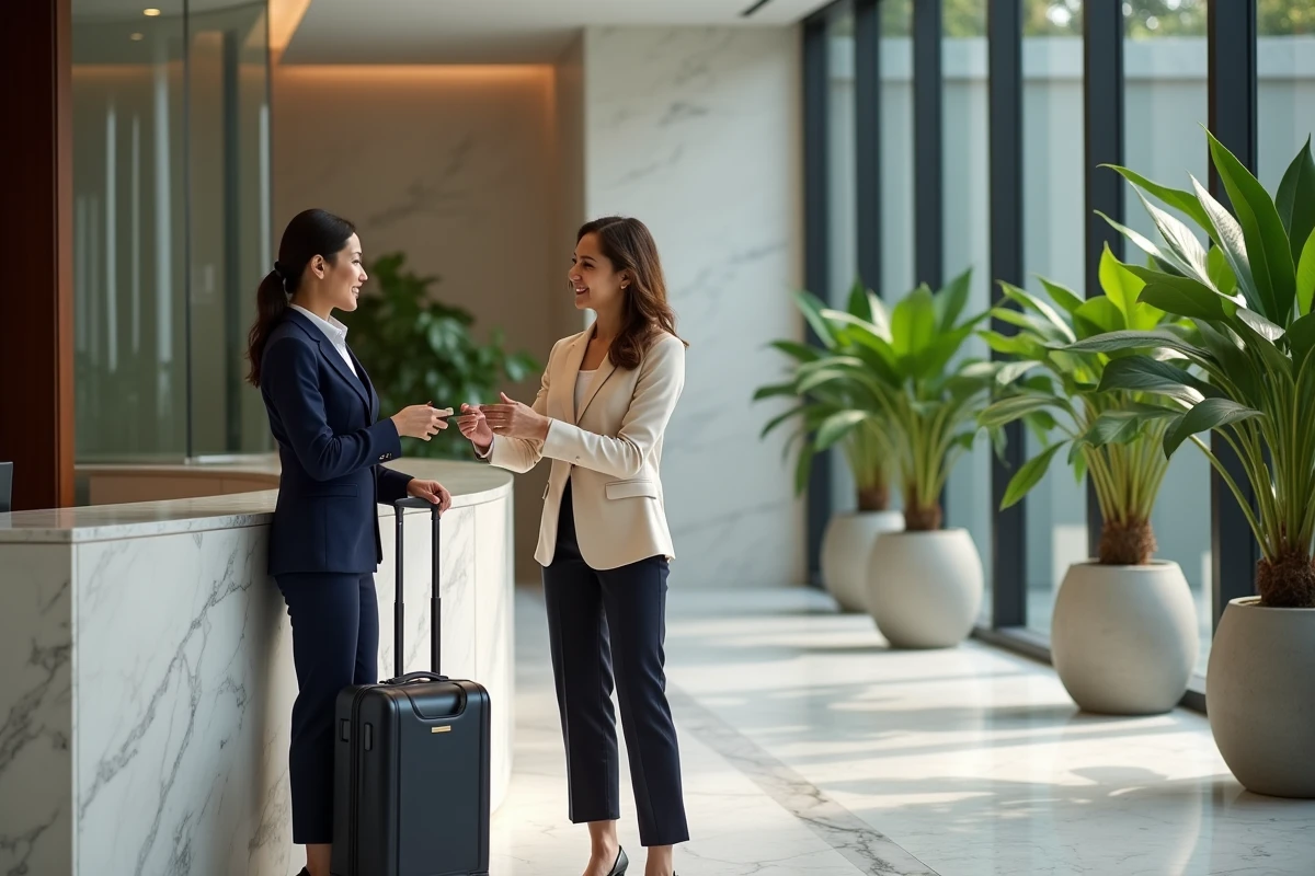 Accueil d'une résidence avec services à Bangkok avec conciergerie et lobby luxueux