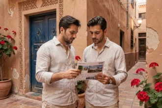 Couple marocain consultant une annonce immobilière devant un riad traditionnel à Marrakech dans la médina