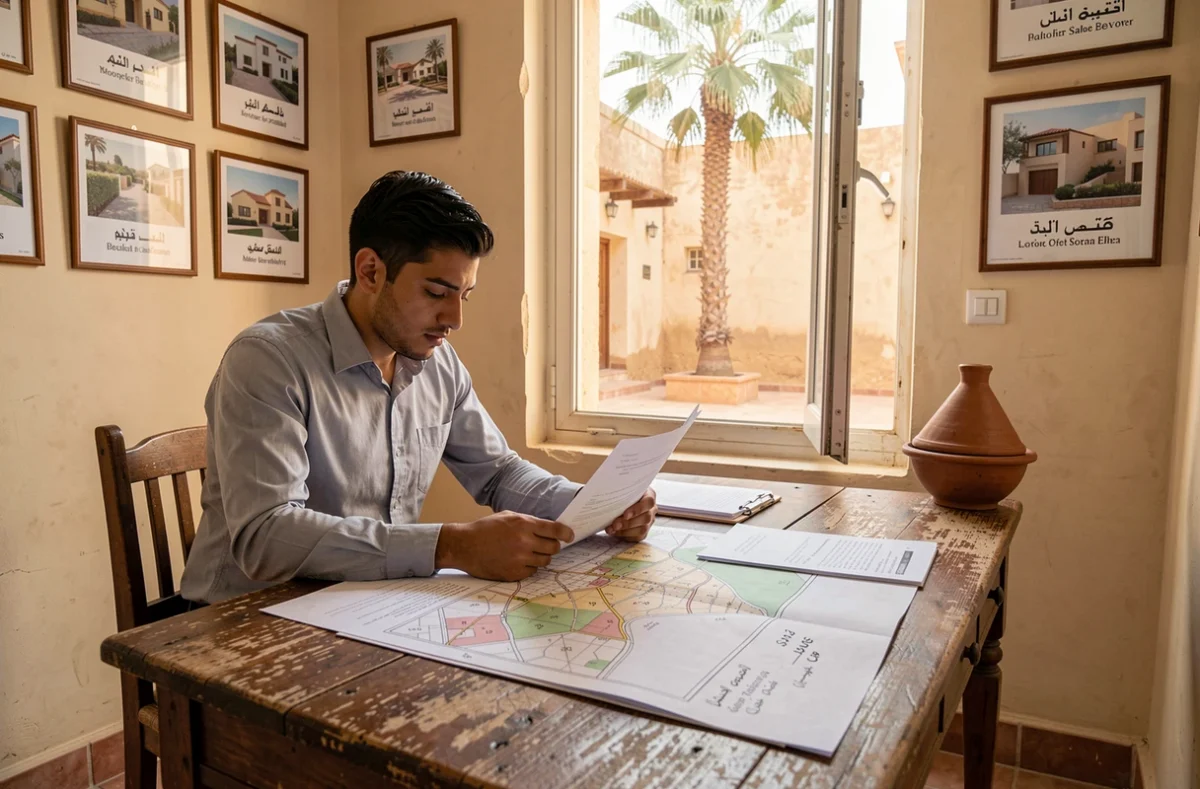 Agent immobilier marocain analysant des documents de vente de maisons à prix abordable dans une agence de Marrakech