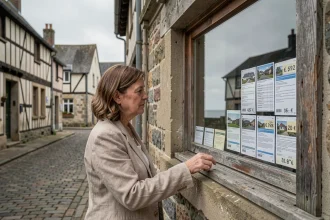 Agence immobilière en bord de mer en Normandie avec annonces de prix affichées en vitrine dans un village côtier traditionnel