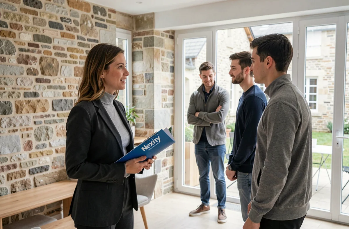 Agente Nexity faisant visiter un appartement rénové avec murs en pierre à Limoges à un jeune couple