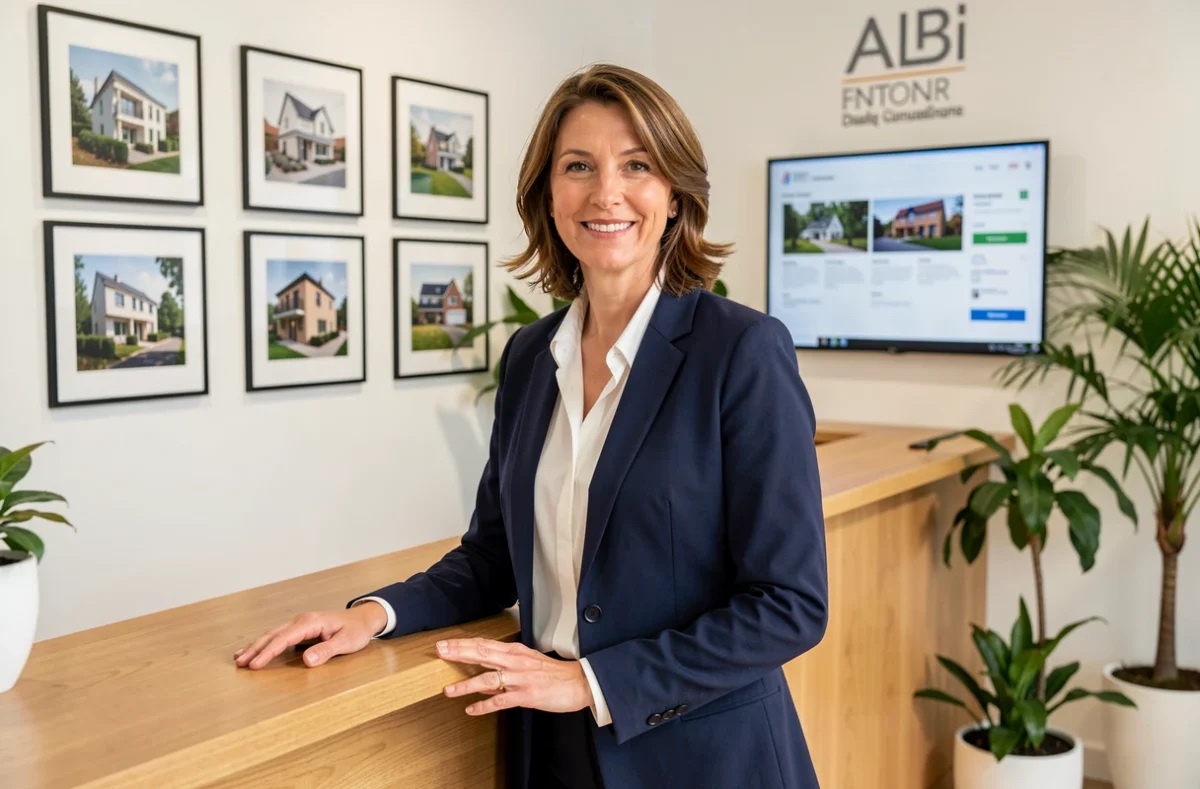 Agent immobilier professionnelle accueillant des clients dans les bureaux modernes de L'Agencerie Albi