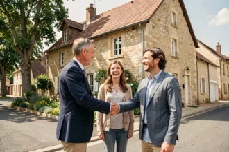 Agent immobilier serrant la main d'un couple devant une maison typique de la Haute-Vienne, représentant le marché immobilier local