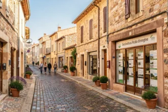 Vue d'une rue pittoresque du Tarn avec des agences immobilières et des bâtiments en pierre typiques de la région occitane