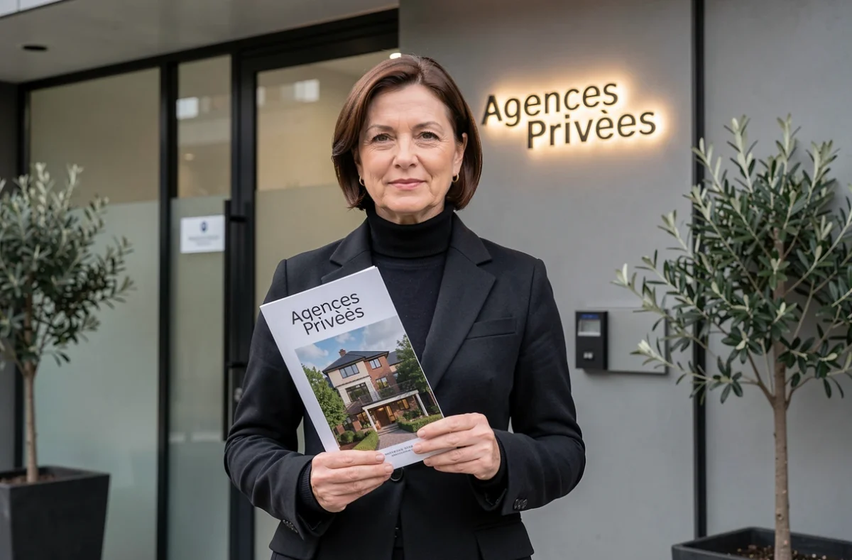 Conseillère d'Agences Privées devant l'entrée élégante d'une agence immobilière haut de gamme