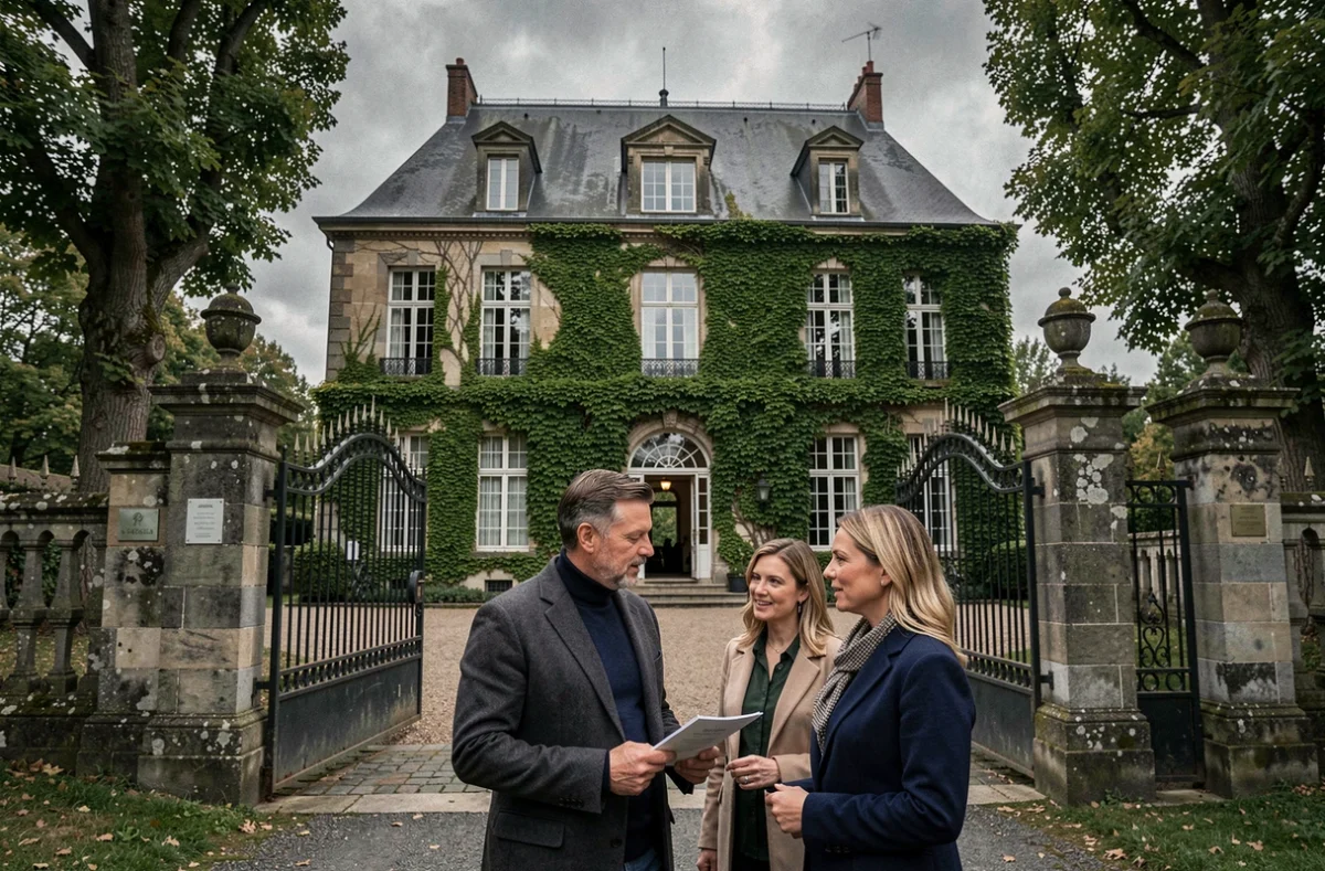 Agent d'Agences Privées présentant un manoir corrézien en pierre à des clients haut de gamme devant un portail en fer forgé