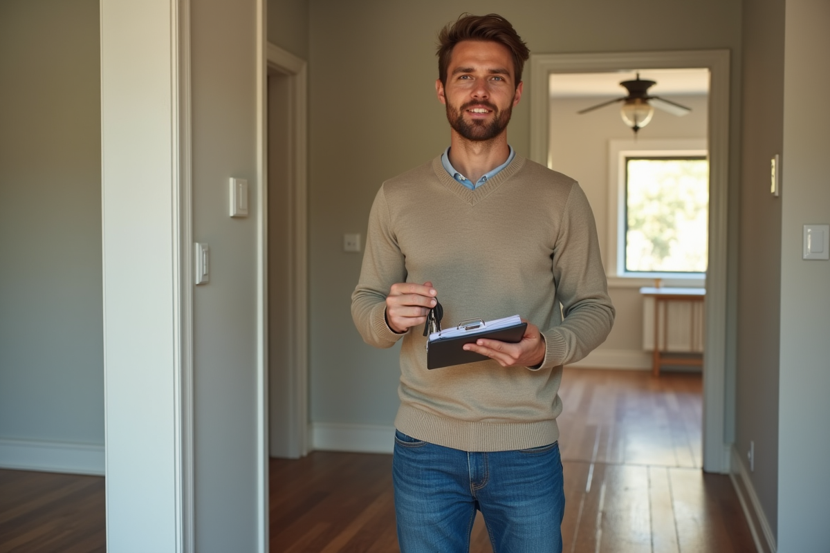 Jeune gestionnaire immobilier tenant des clés dans un intérieur vide