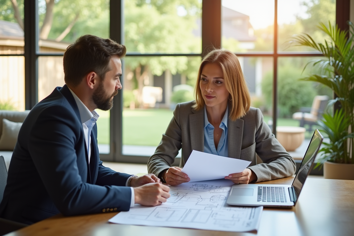 Agent immobilier et propriétaire discutant dans un bureau lumineux