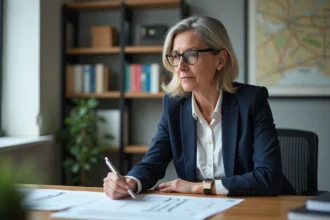 Agent immobilier analysant des documents pour une estimation de bien en succession