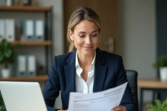 Agent immobilière professionnelle révisant des documents de gestion locative dans un bureau moderne
