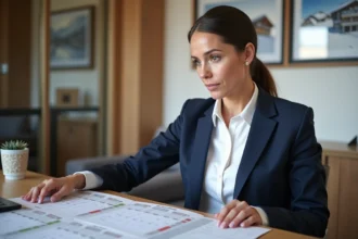Agent immobilière aux Menuires consultant un calendrier de location dans une agence alpine professionnelle