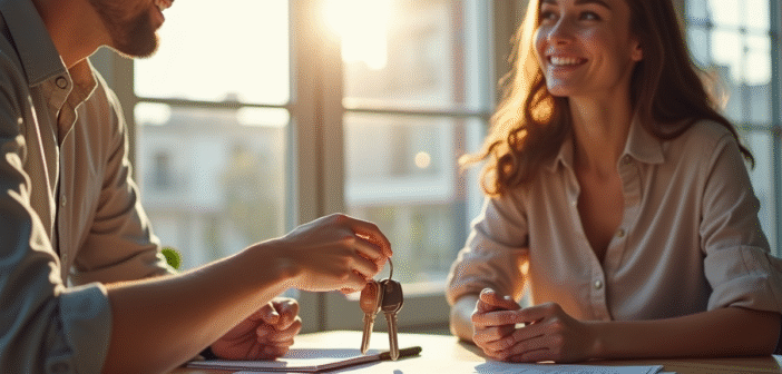 Agent immobilier remettant les clés à un jeune couple dans un salon lumineux
