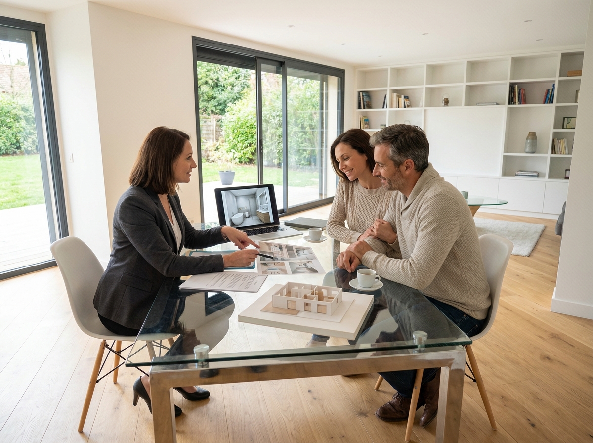 Agent immobilier présentant un projet de salle de bain balnéo à un couple propriétaire autour d'une table moderne