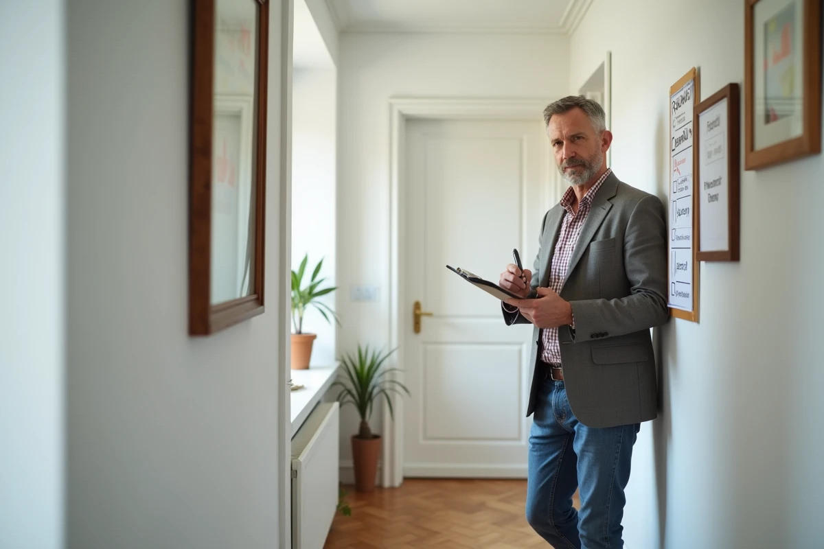 Agent immobilier vérifiant une liste de contrôle dans un couloir lumineux