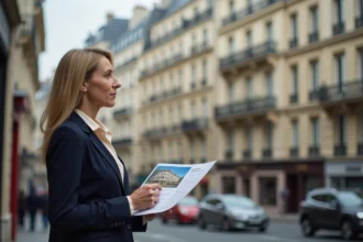 Agent immobilière devant des immeubles haussmanniens en zone tendue à Paris
