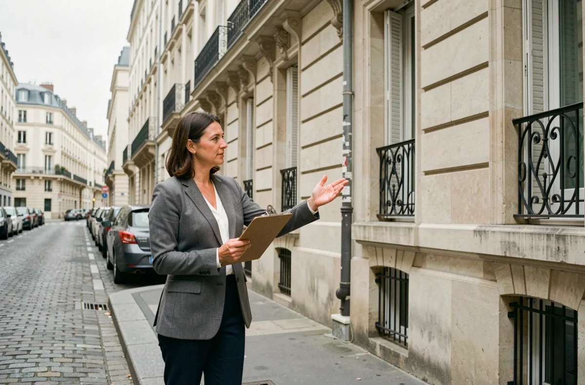 Agent immobilière évaluant un immeuble haussmannien en zone tendue dans une rue urbaine française pour un investissement locatif