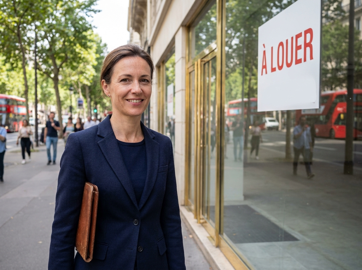 Agente immobilière commerciale devant un local vacant à louer dans une rue prisée par les nouvelles enseignes