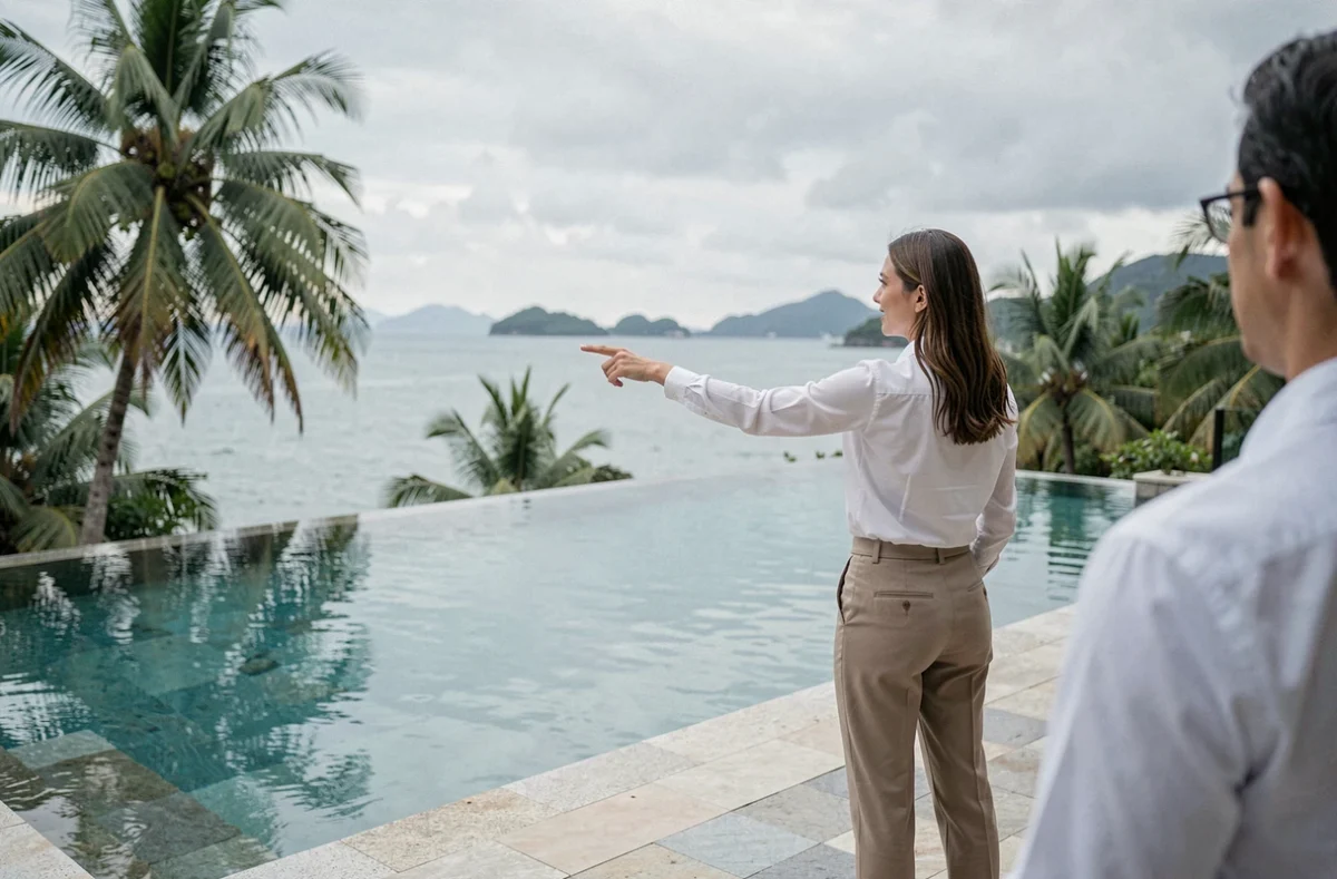 Agente immobilière présentant la terrasse avec piscine à débordement d'une villa à Koh Samui avec vue mer