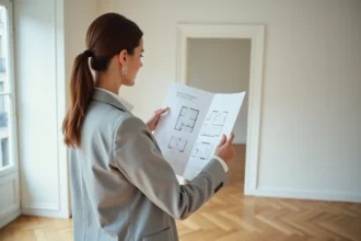 Agente immobilière tenant un plan de T3 dans un appartement vide avec deux chambres visibles