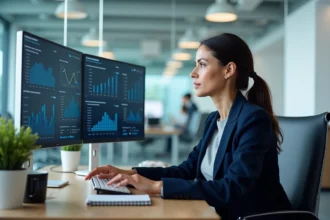 Analyste de données examinant des tableaux de bord statistiques sur deux écrans dans un bureau moderne, illustrant le suivi des publics via un infocentre