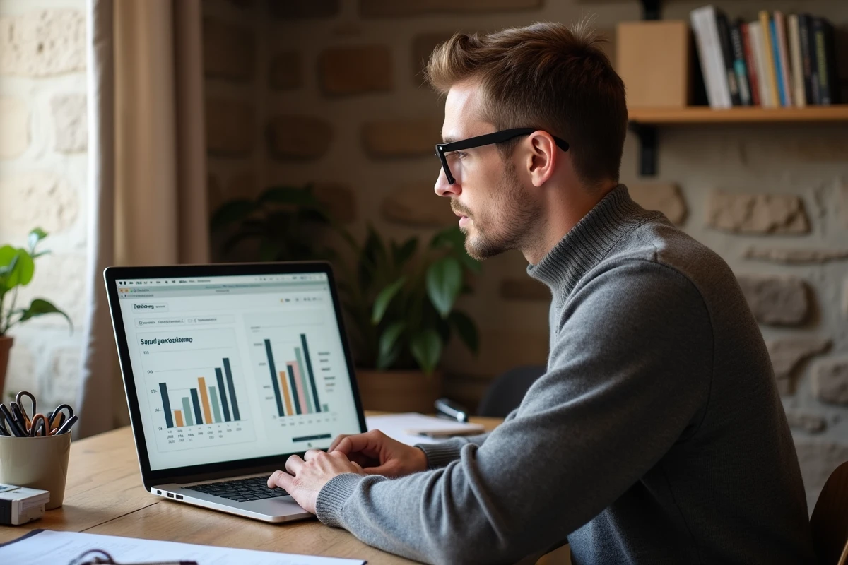 Homme analysant les prix au m² sur un site immobilier lyonnais depuis son appartement