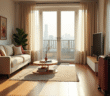 Salon moderne lumineux avec mobilier stylé et valise