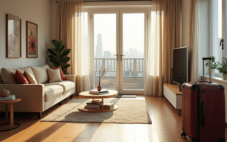 Salon moderne lumineux avec mobilier stylé et valise