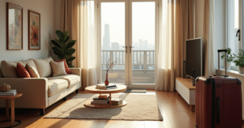 Salon moderne lumineux avec mobilier stylé et valise