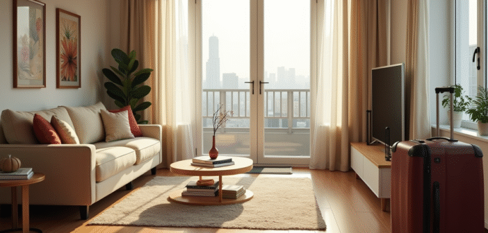 Salon moderne lumineux avec mobilier stylé et valise