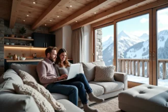 Couple examinant des documents immobiliers dans un appartement de montagne moderne aux Menuires avec vue sur les pistes enneigées