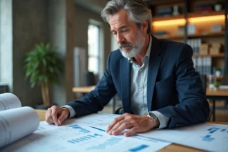 Architecte homme en bureau examinant des index de coûts de construction