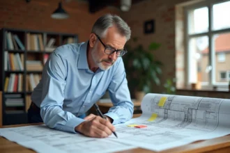 Architecte consultant un Plan Local d'Urbanisme et des documents cadastraux sur une table à dessin en bois dans un bureau professionnel