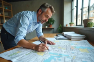 Architecte annotant un plan de zonage urbain pour préparer une demande de certificat d'urbanisme opérationnel