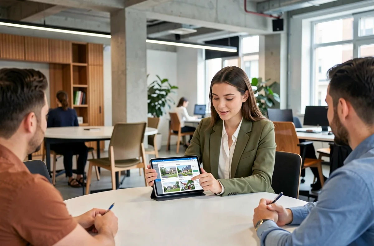 Conseillère Arthurimmo en Corrèze consultant des annonces immobilières sur tablette avec des clients en agence