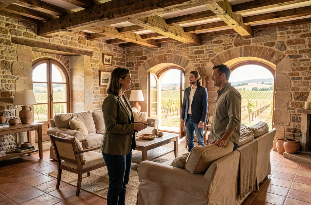Agente Arthurimmo faisant visiter une maison en pierre rénovée dans la campagne du Tarn à un couple d'acheteurs