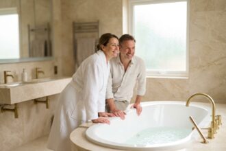 Couple admirant une baignoire balnéo encastrée dans une salle de bain en marbre avec robinetterie dorée
