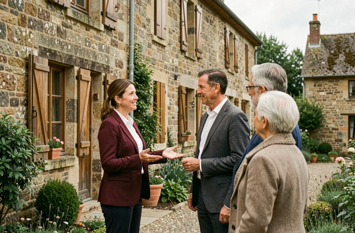Agente de Berthou Immobilier présentant une maison en pierre corrézienne à des acquéreurs potentiels