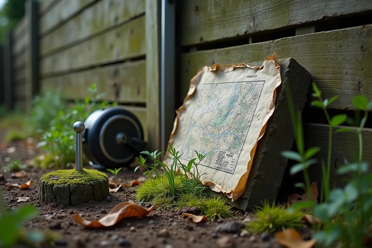 Borne de délimitation en pierre avec repère de géomètre et plan foncier au pied d'une clôture en bois dans un jardin
