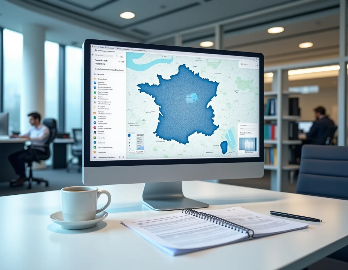 Bureau d'agence immobilière Orpi avec carte des investissements parisiens sur écran et rapports d'analyse