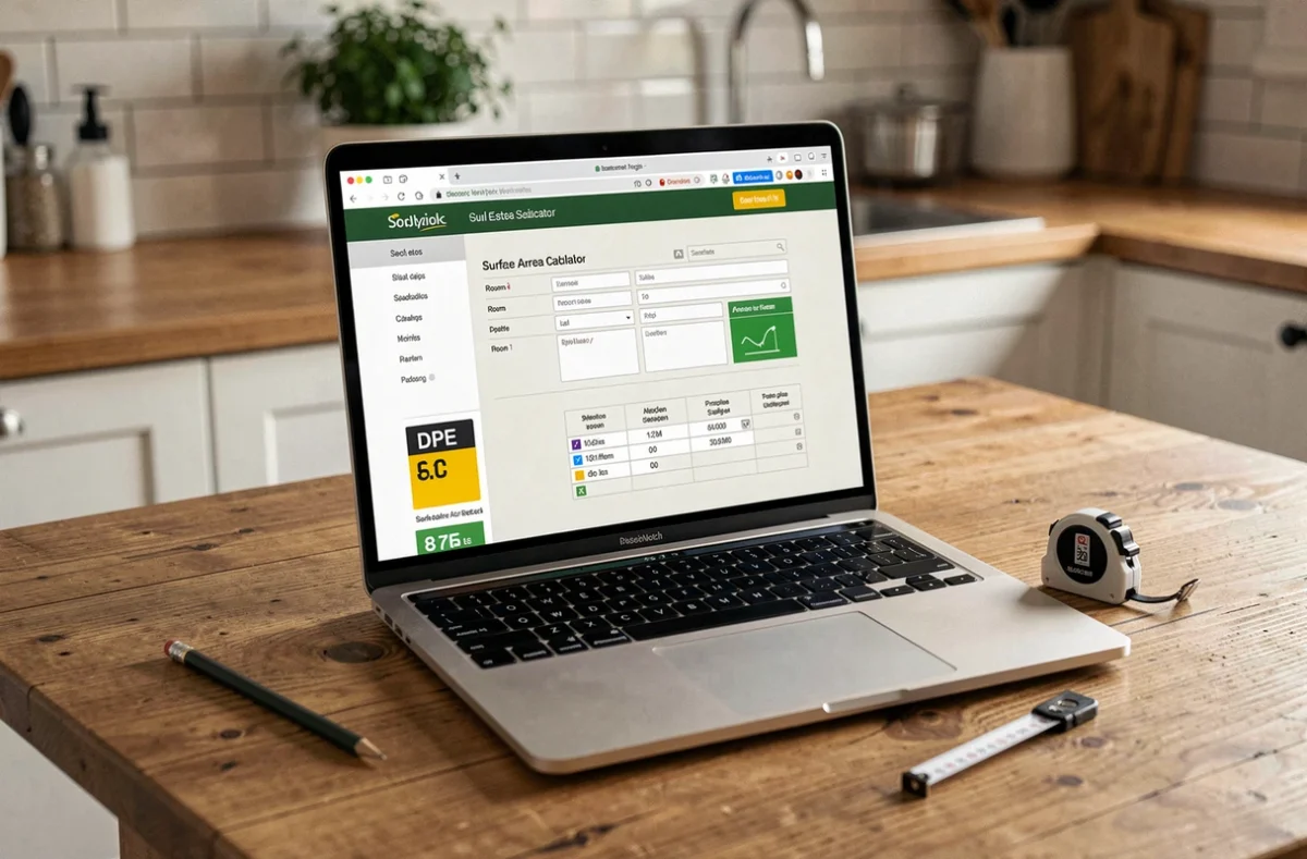 Calculatrice mètre carré en ligne affichée sur un ordinateur portable avec une annonce immobilière et un mètre ruban sur une table