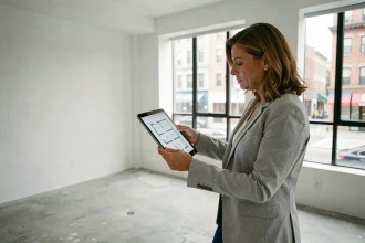 Femme consultant une calculatrice de mètres carrés sur tablette dans un appartement vide lors d'un diagnostic DPE