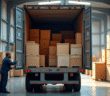 Camion ouvert en chargement avec caisses en bois à l'intérieur