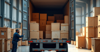 Camion ouvert en chargement avec caisses en bois à l'intérieur