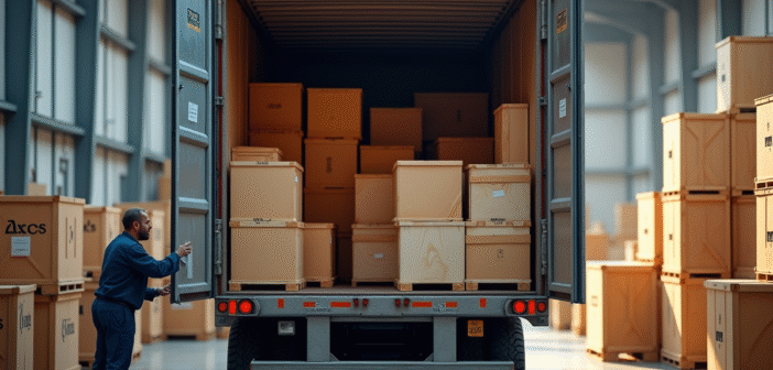 Camion ouvert en chargement avec caisses en bois à l'intérieur