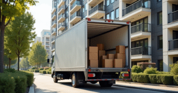Camion de déménagement moderne devant un immeuble urbain