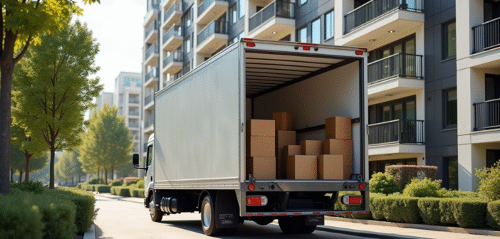 Camion de déménagement moderne devant un immeuble urbain