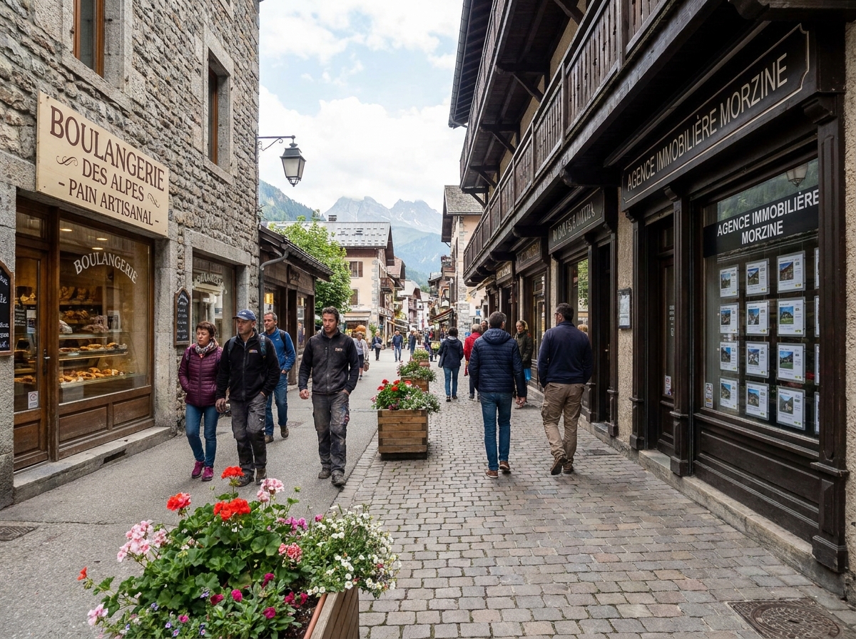 Rue animée du centre-village de Morzine avec commerces locaux et vitrines immobilières, reflet de la vie à l'année