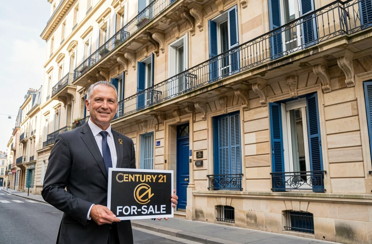 Agent Century 21 Atrium Immobilier tenant un panneau de vente devant un immeuble classique du centre de Limoges