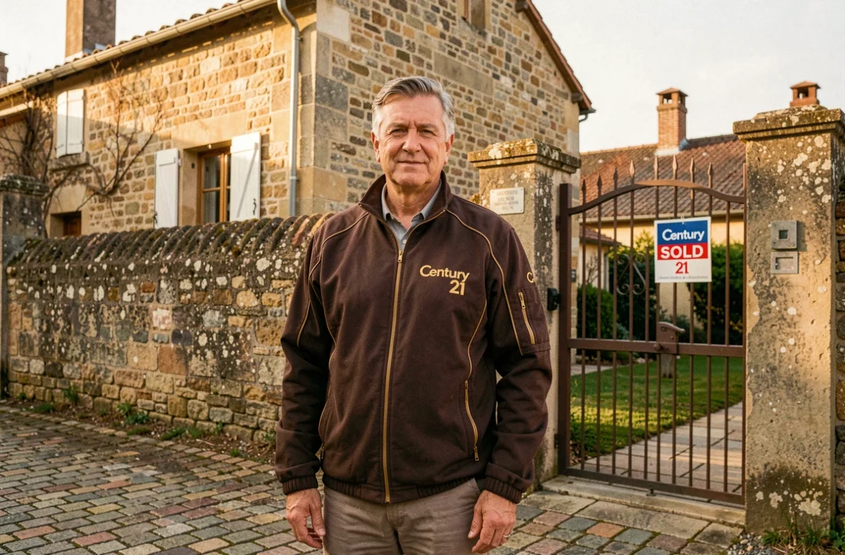 Agent Century 21 en veste de marque devant une propriété corrézienne à vendre dans un village authentique