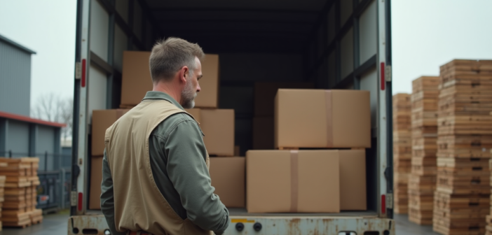 Chauffeur de camion vérifiant le chargement dans un camion